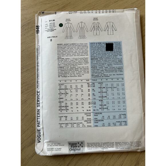 3 VTG Vogue 80s Sew Patterns Ralph Lauren 1643, Oscar D La Renta 1592, Dior 1948 - Picture 11 of 12